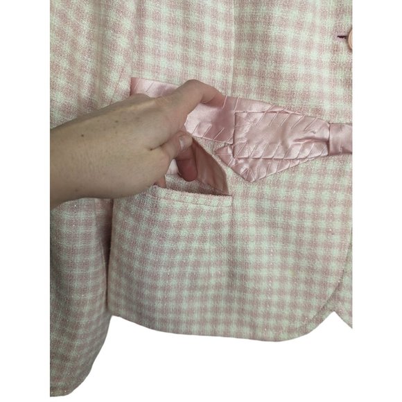 Apostrophe Pink & White Plaid Tweed Blazer Y2K Coquette Bow Accent Cropped sz 8 - Picture 4 of 11